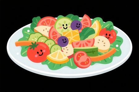Illustration of a fresh vegetable salad with tomato, cucumber, lettuce and onionの素材