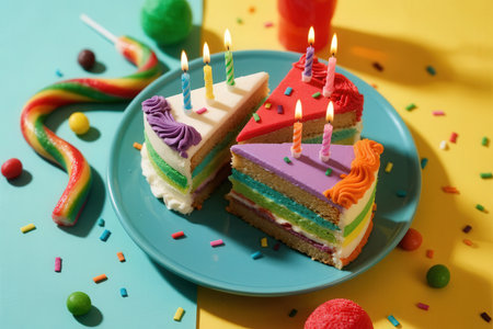 Birthday cake with candles and candies on color background, closeupの素材
