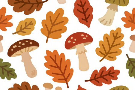 Seamless pattern with mushrooms and autumn leaves. Vector illustration.の素材