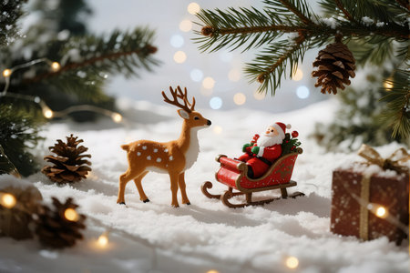 Christmas decoration with reindeer and Santa Claus on sleigh.の素材