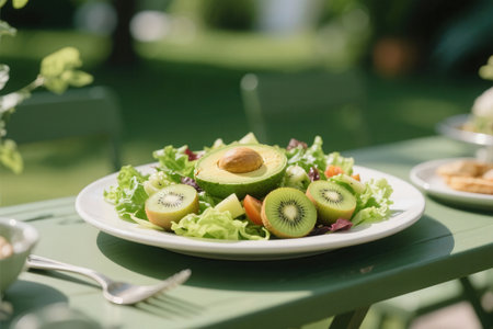 Salad with avocado and kiwi on the table in the gardenの素材