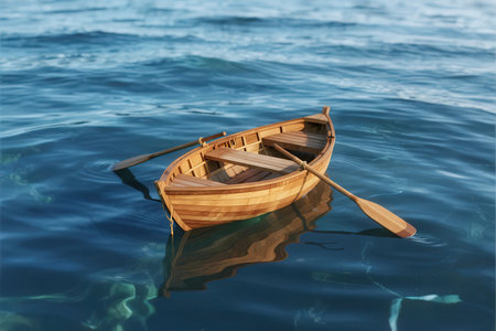 Wooden boat in the sea. 3d illustration. The concept of calmness and calmness.の素材