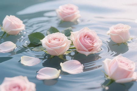 Beautiful pink roses floating on water surface, romantic background, selective focusの素材
