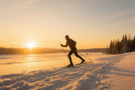 Man skiing on a frozen lake in the mountains at sunset. Winter sportsの素材