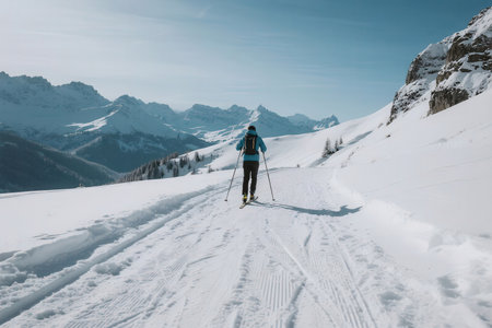 Cross-country skier on snow in Dolomites, Italyの素材