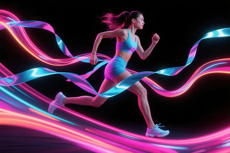 Fitness woman running with colorful ribbons on a black background.の素材