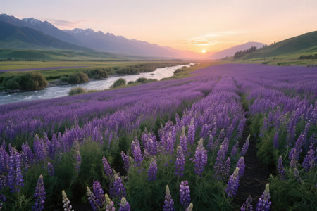 Lupine flowers field at sunset in the mountains of Kyrgyzstanの素材