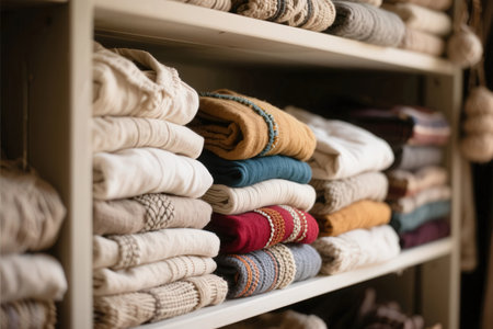 Colorful knitted sweaters on shelves in shop, closeupの素材