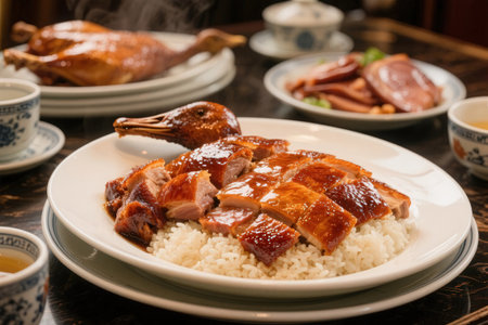 Roast duck with rice on a table in a Chinese restaurant.の素材