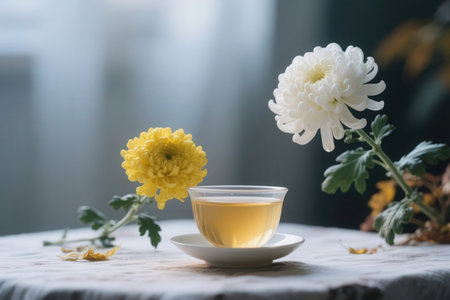 Cup of green tea with chrysanthemum flower on tableの素材