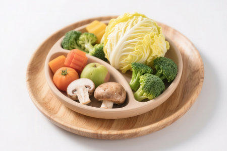 Vegetables and mushrooms in a wooden plate on a white backgroundの素材