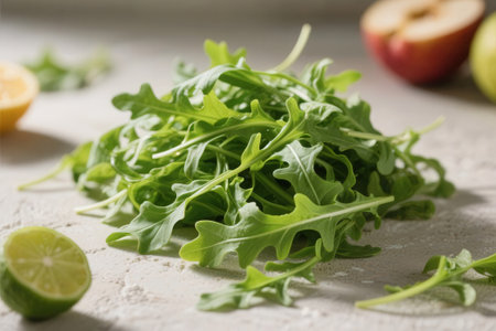 Fresh arugula salad with lime on light background, closeupの素材