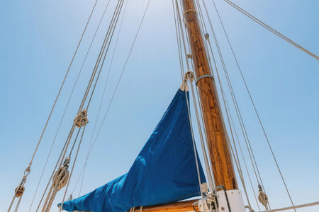 Sailboat with blue fabric on the deck against the blue skyの素材