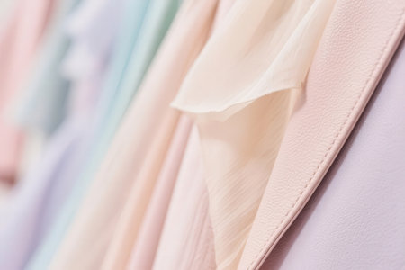 Close up of pink and beige fabric on hangers in fashion storeの素材
