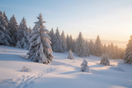Beautiful winter landscape with snow covered fir trees in the mountains.の素材