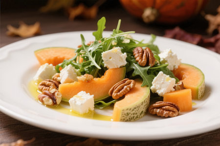 pumpkin salad with arugula, feta cheese and walnutsの素材