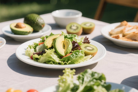 Healthy salad with avocado and kiwi on a table in gardenの素材