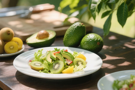 Avocado salad with mango and kiwi on white plate.の素材