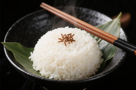 Rice with chopsticks on a black background, close-upの素材