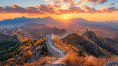 Majestic Great Wall of China at sunrise,panoramic viewの素材