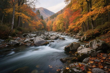 Autumn landscape with mountain river and colorful forest in Caucasus mountains.の素材