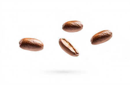 Coffee beans levitate on a white background. Isolatedの素材