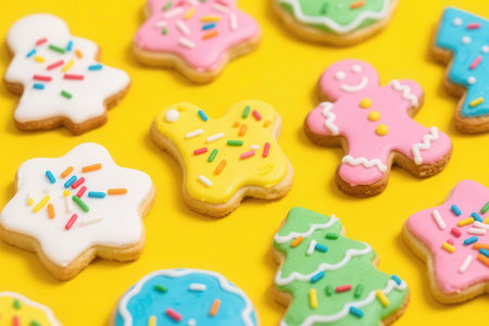 Colorful Christmas cookies on a yellow background. Festive food.の素材