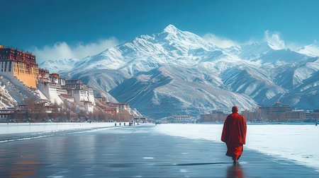 Buddhist monk walking on the shore of lake with snow capped mountainsの素材