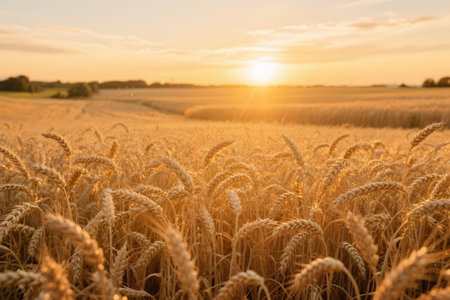 Wheat field. Ears of golden wheat close up. Beautiful Nature Sunset Landscape.の素材