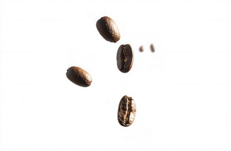 Coffee beans levitate on a white background. Isolatedの素材