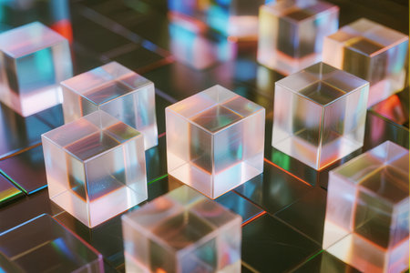abstract 3d illustration of cubes in multicolor light backgroundの素材