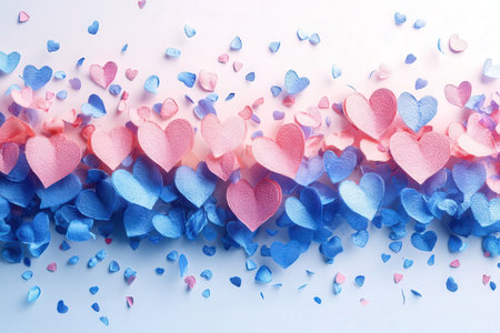 Blue and pink hearts confetti on white background. Flat lay, top viewの素材