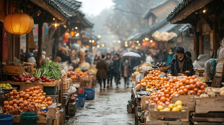 Fruit and vegetable market in the old town of Xian, Chinaの素材