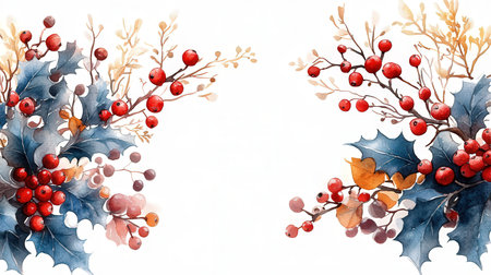 Watercolor christmas background with berries and leaves. Hand painted illustration.の素材