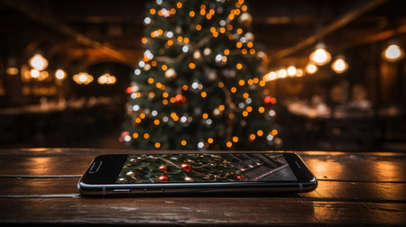Smartphone on wooden table in front of christmas tree with lightsの素材