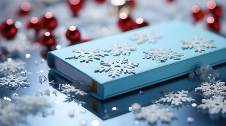 Blue christmas book with snowflakes on bokeh backgroundの素材