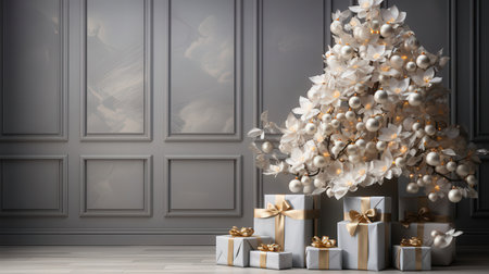 White christmas tree with gift boxes in classic interior 3D renderingの素材