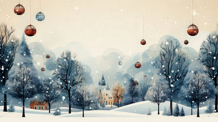 Winter landscape with christmas trees and church. Digital painting illustration.の素材