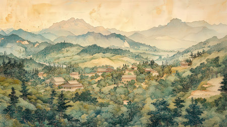 Vintage painting of Chinese temple in the mountains. Travel background.の素材