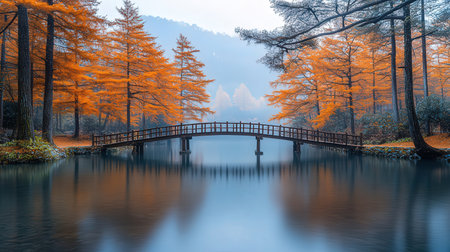 Beautiful autumn landscape with lake and bridge in foggy forest.の素材