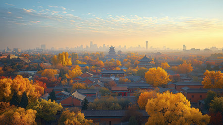 Aerial view of the Forbidden City in Beijing, China at sunsetの素材