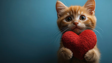 Cute ginger kitten with red heart on blue background. Valentines day conceptの素材