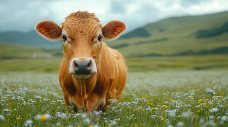 Cow grazing in a meadow with wildflowers and mountains in the backgroundの素材