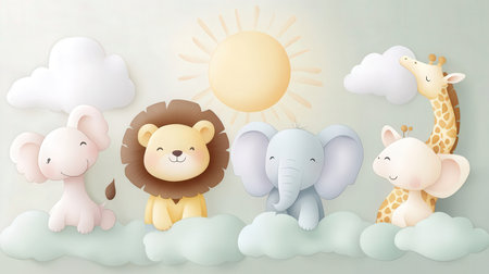 Cute elephant, lion, giraffe and elephant on the cloudの素材