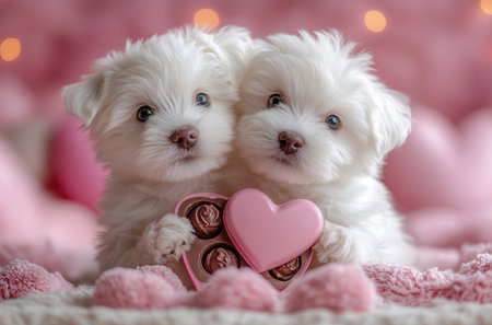 Two cute Maltese puppies with heart-shaped toy on pink backgroundの素材