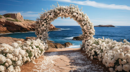 Wedding arch with white flowers on the background of the seaの素材