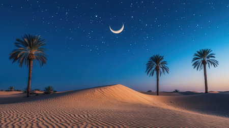Moon and palm trees in the Sahara desert. Morocco, Africa.の素材