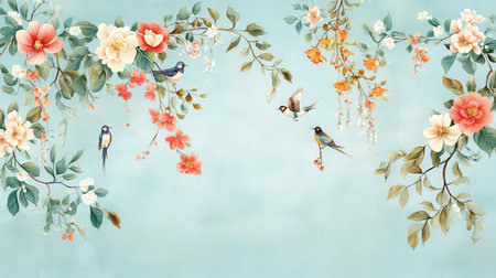 Greeting card with watercolor flowers and birds. Illustration.の素材