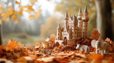 Fairytale castle in the autumn forest with fallen leaves. 3d renderingの素材