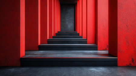 Conceptual red stairway leading to an empty room, 3d render illustrationの素材